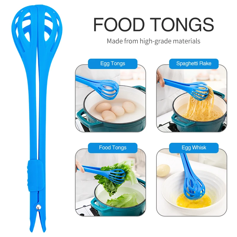 2 in 1 Nylon Grip Flip Tongs Kitchen Spatula and Tongs Egg Whisk Beater with Food Tong