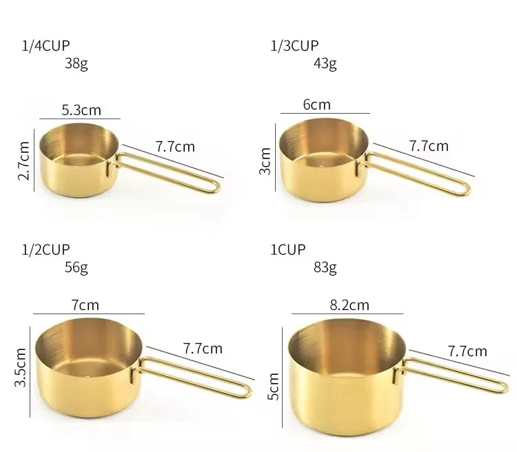Gold Stainless Steel Measuring Cups and Spoons Set 4 Pieces Engraved Measurements Measuring Cup & Spoon