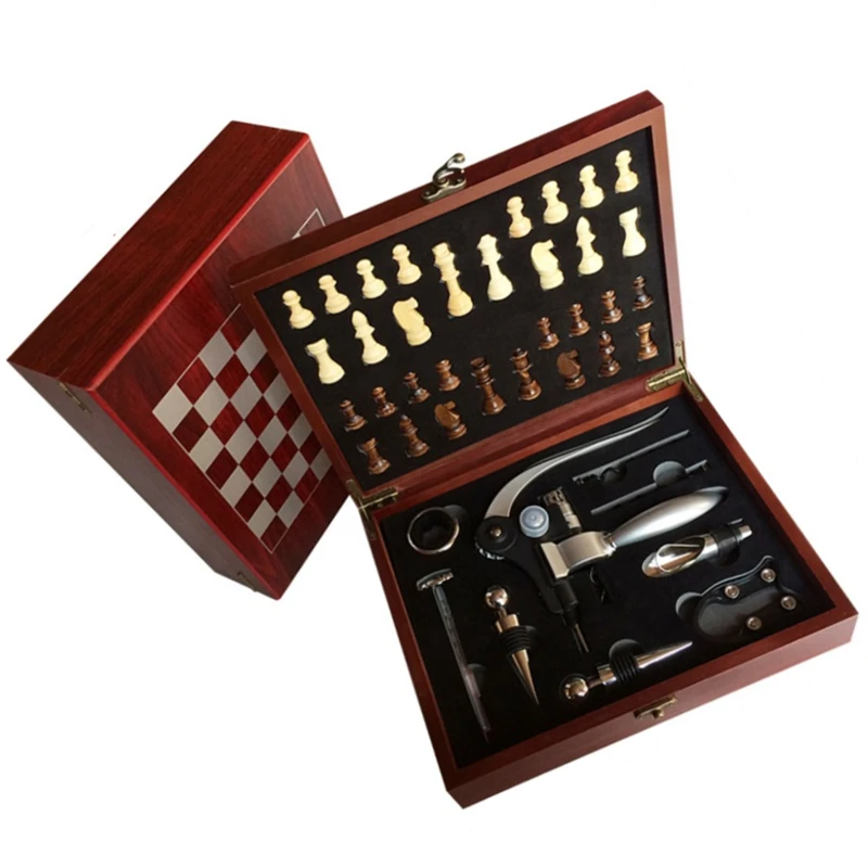 HXY Custom 2022 Most Popular 9PCS Wooden Box Chess And Rabbit Wine Opener Set, Wine Set, Wine Bottle Opener Chess Set For Gifts