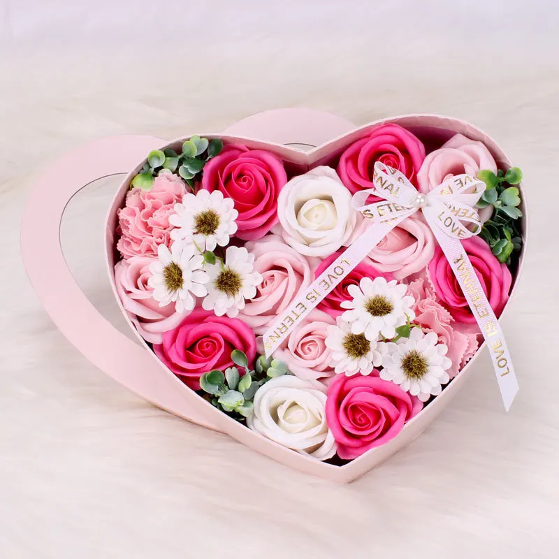 Hot Selling Bouquet Rose Soap Flower Artificial Flower Heart-shaped Soap Flower Gift Box Valentines Day Gift