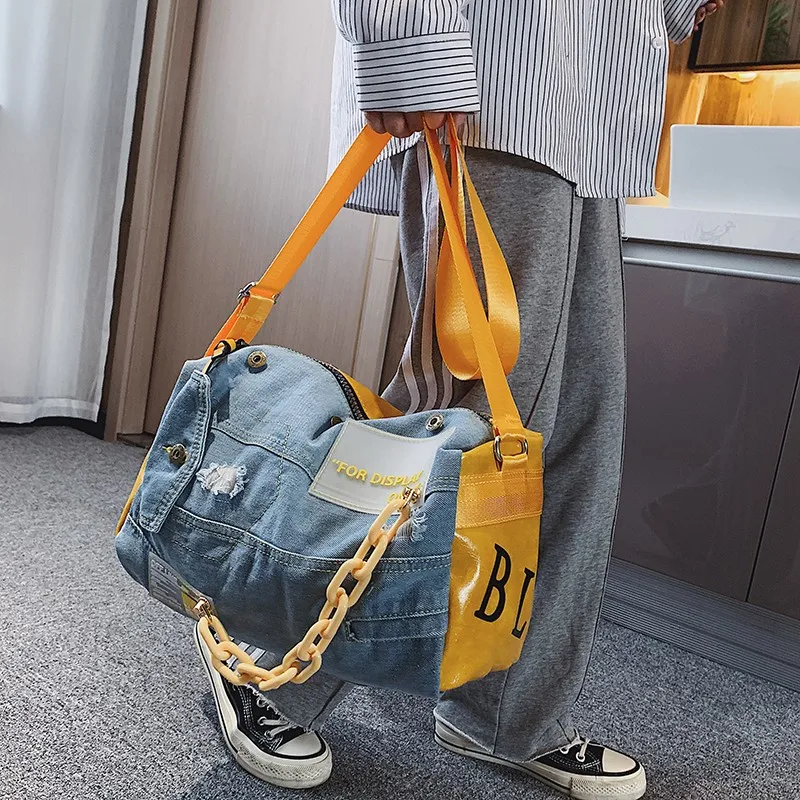 Autumn And Winter New Denim Women Shoulder Yoga Sports Bag Luggage Bag Travel Portable Storage Tide Leisure TrainingTravel Bag