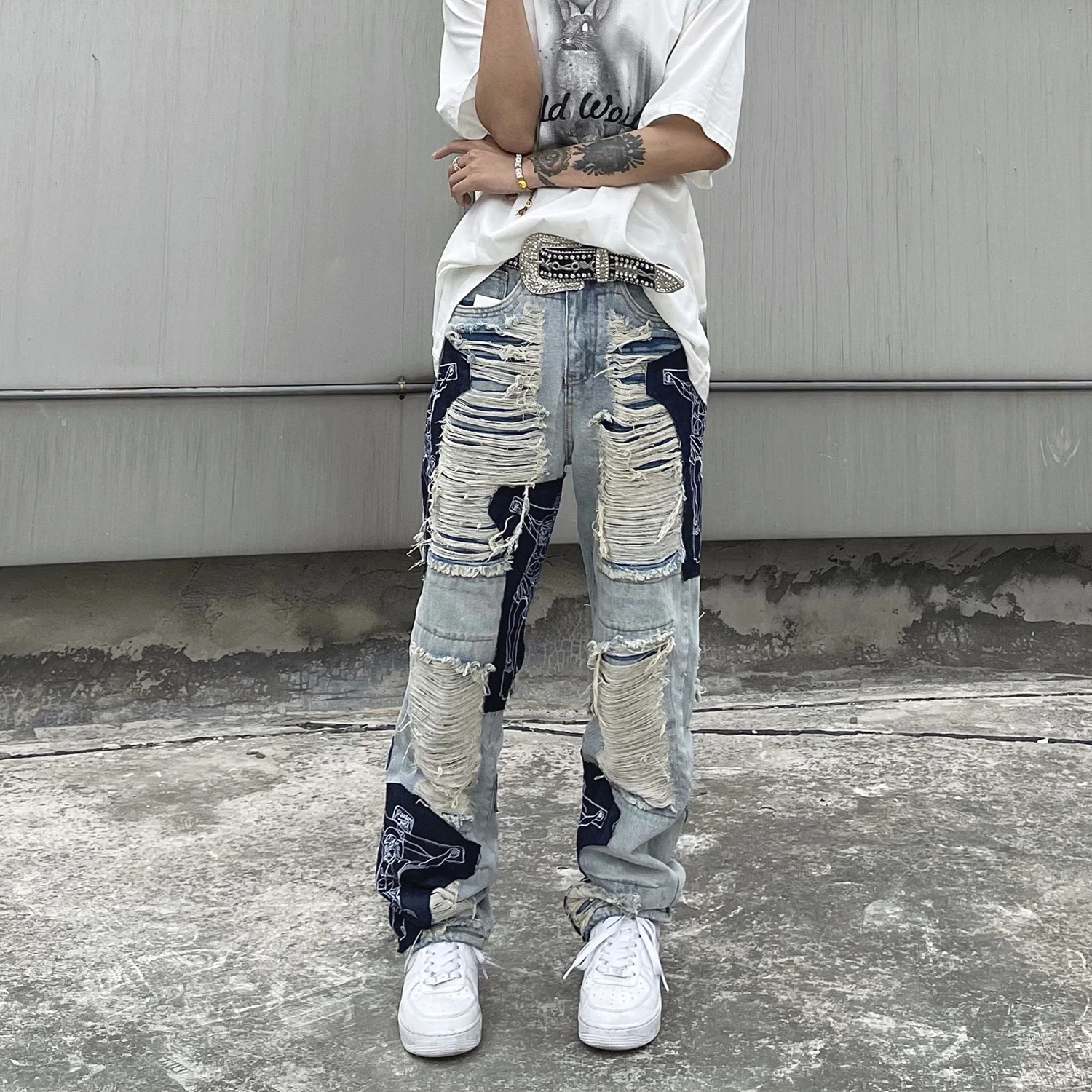 NVFelix Latest Design Distressed Ripped Patchwork Color Block Denim Pants Wholesale Vintage Repaired  Regular Fit Jeans For Men