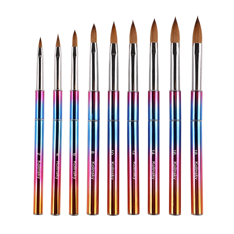 9Pcs kolinsky Nail Brush for Acrylic Powder Oval Nail Art Painting Professional Drawing Application with Rainbow Metal Handle