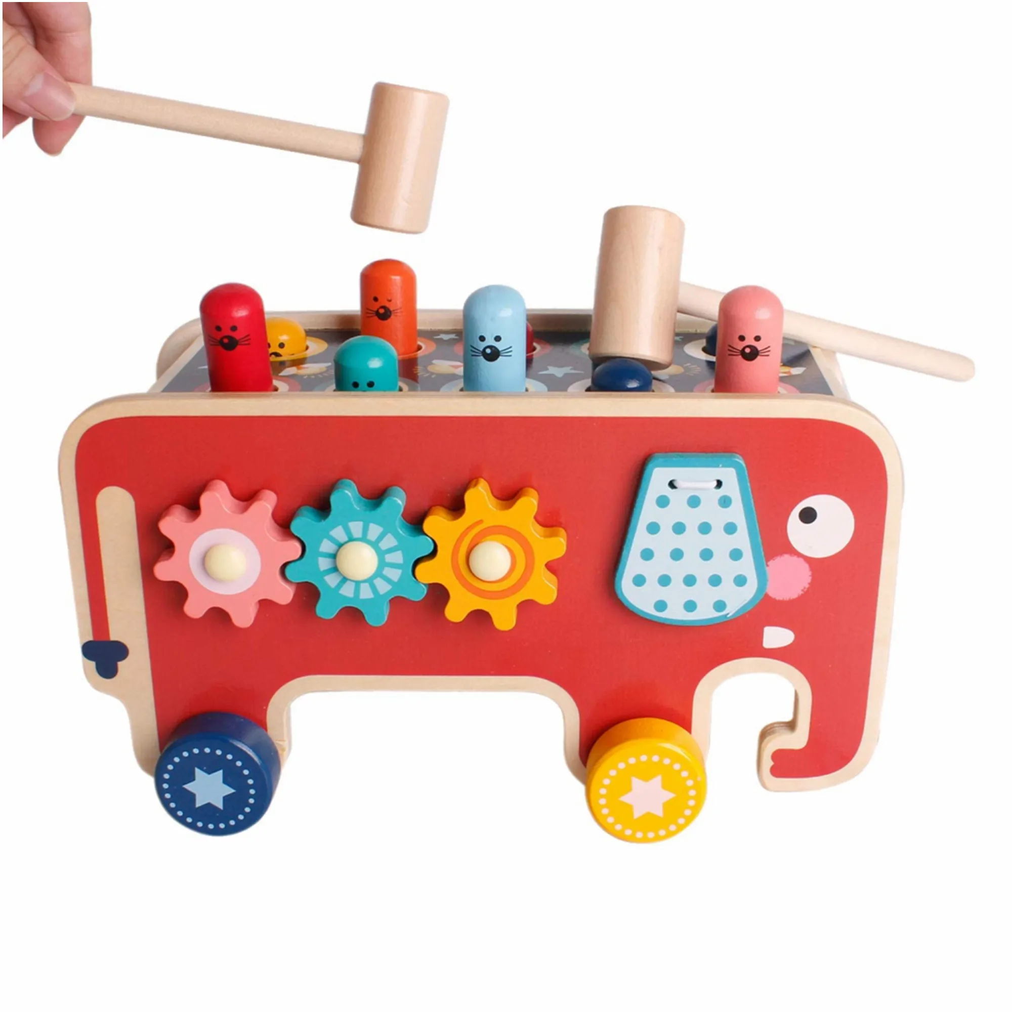 Wooden Pounding Toys Nail Hammer Stool Pull Along Elephant Gopher Toy Desktop Hitting Mouse and Hamster Game Toddler Drag Toys