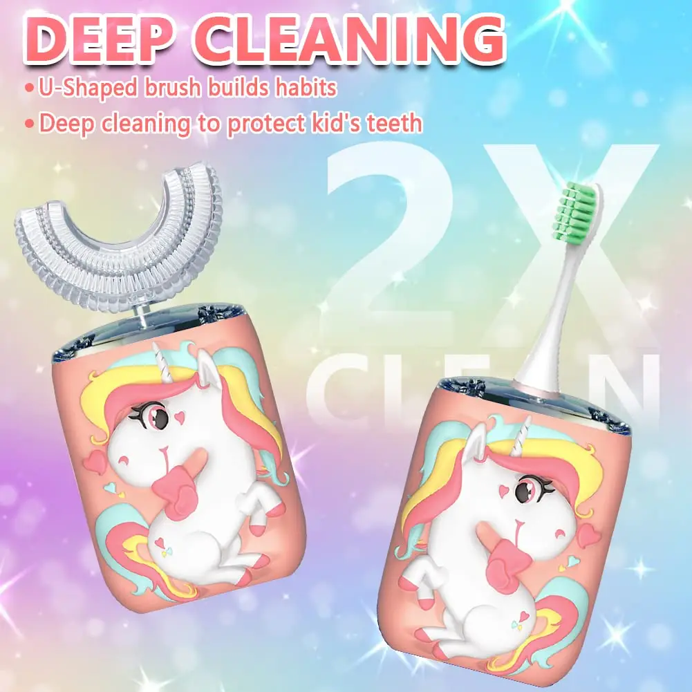 Unicorn Age 2-12 Waterproof Ultra Sonic 6 Brush Cleaning Modes 360 Degree U Shape Electric Toothbrush For Kids With Smart Timer