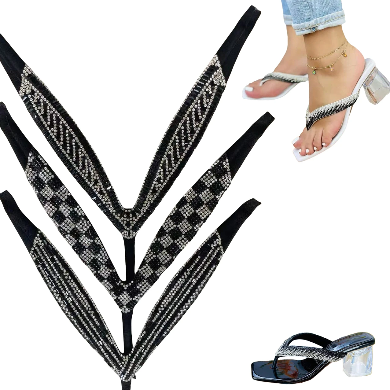 Three-Point Clip Footwear with White Square Grade a Crystal Glue Plastic Sandal Shoes Decorated with Flowers