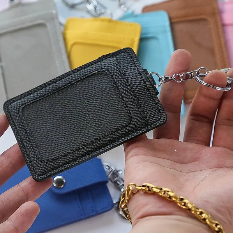 New PU Leather Vertical ID Badge Card Holder Portable Bus Card Credit Card Holder With Keychain