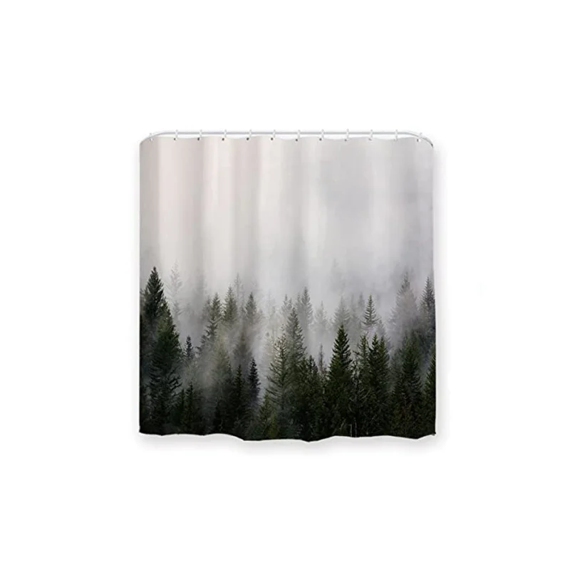 Fashional design misty forest logo waterproof polyester bathroom shower curtains with hooks
