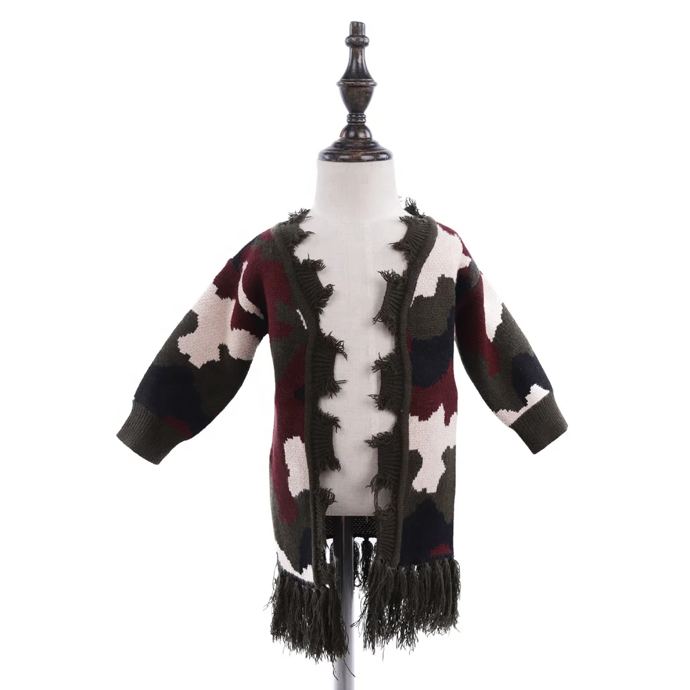 
New arrival kids long new style camo distressed fringed thermal cardigan 