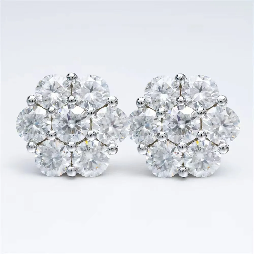 Кластера цветок дизайн унисекс Муассанит серьги для мужчин в стиле хип-хоп, 925 стерлингового серебра Муассанит серьги-гвоздики для женщин