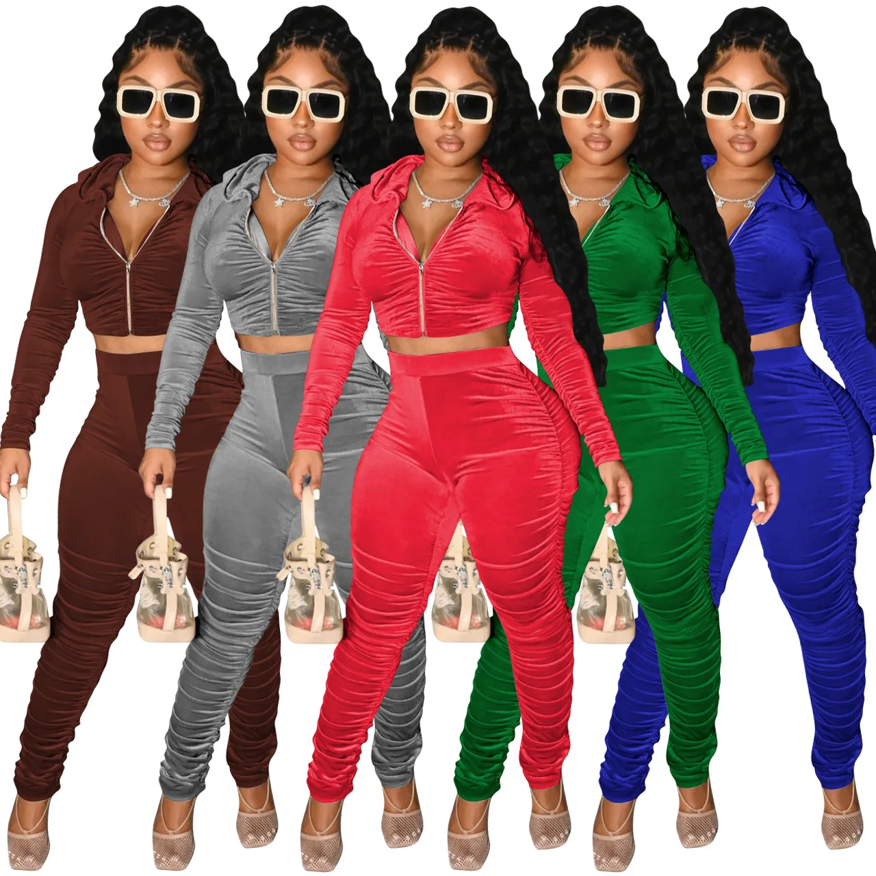 2024 Velour Tracksuit Zipper Hoodie Crop Top And Joggers stacked pants set winter clothes for women Two Piece Set Women Clothing