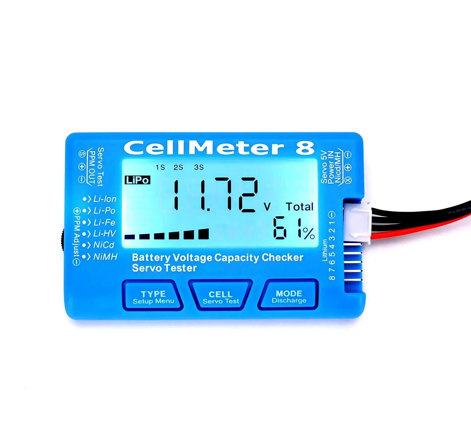CellMeter-8 Digital Capacity Checker 2-8S LiPo Li-lon NiMH Battery Discharge Tester LCD Display For RC Airplane