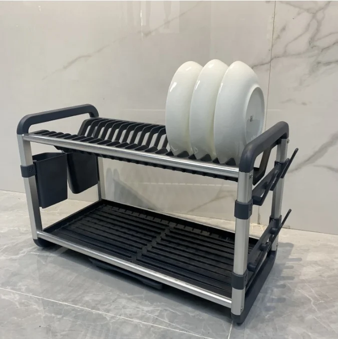 Plate Bowl Cups Spoon Storage Rack Kitchen Counter Dish Drainer Organizer Large Aluminum 2 Tier Dish Rack and Drainboard Set