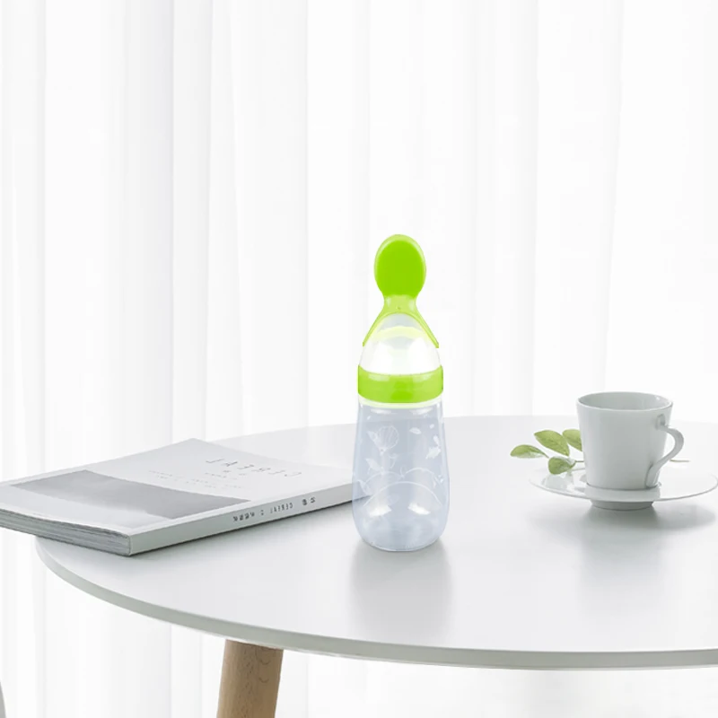 Manufacturer Custom BPA Free Infant Nursing Food Grade Silicone Feeder Fresh Food Training Baby Feeding Bottle With Spoon