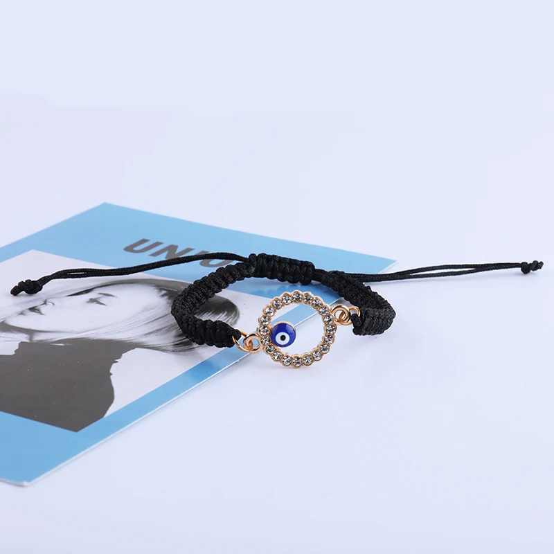 Wholesale Black Rope Handmade weaved Fashion Crystal Diamond Round Exorcise Devil Eye Bracelet for Adult