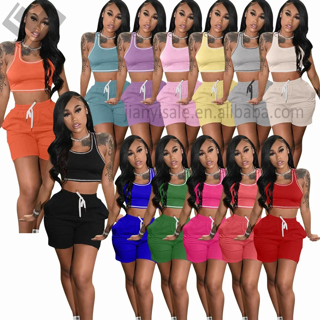 Hot selling 2023 Women Summer casual set solid crop top custom biker shorts two piece shorts set woman