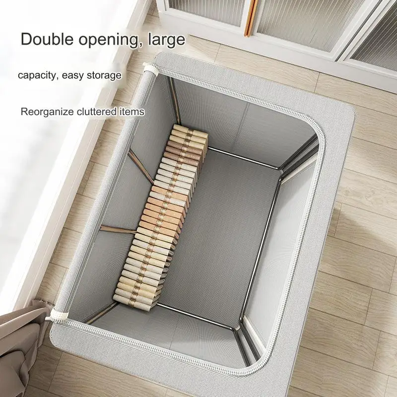 100L Large Clothes Storage Bins Foldable Metal Frame Stackable Oxford Bedding Sheet Box Organizer Set with Handles