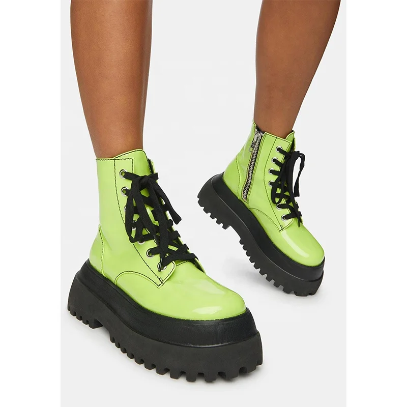 High Quality New Latest Round Toe Rose Red Green Platform Shoes Winter 2022 Big Size Lace Up Glossy Zipper Ankle Women Boots