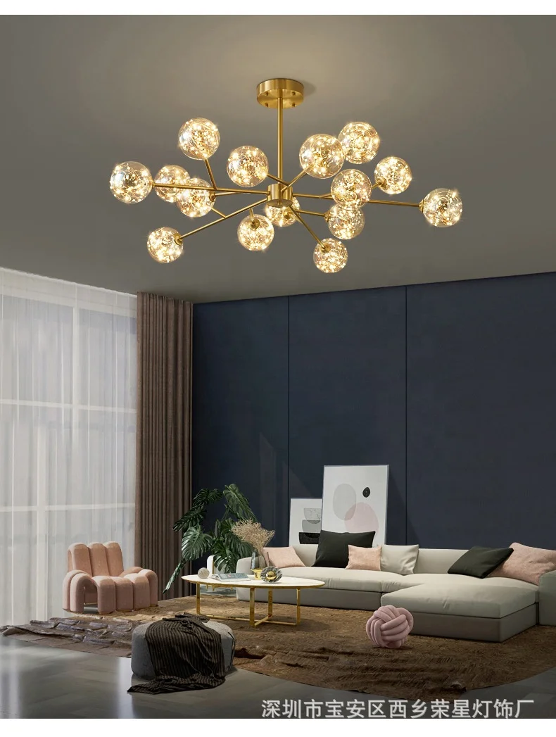  2021 hot-selling light luxury crystal living room chandelier full copper modern minimalist starry sky led molecular