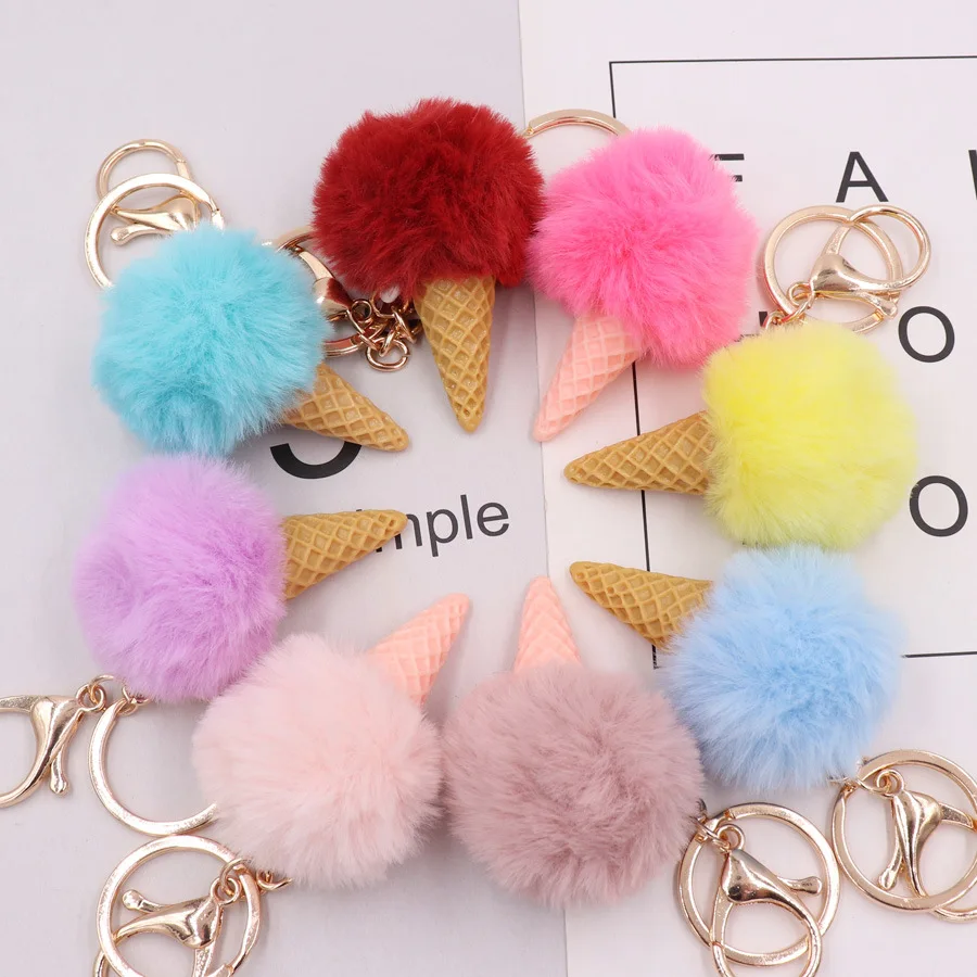 Ding Yi wholesale Fur Puff Key holder Ball Shape colorful Pom pom kids Ice cream Keychain