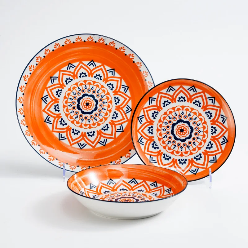 Bohemian printed ceramic tableware suit 12 matching moonlight shallow plate soup fruit foreign trade wholesale