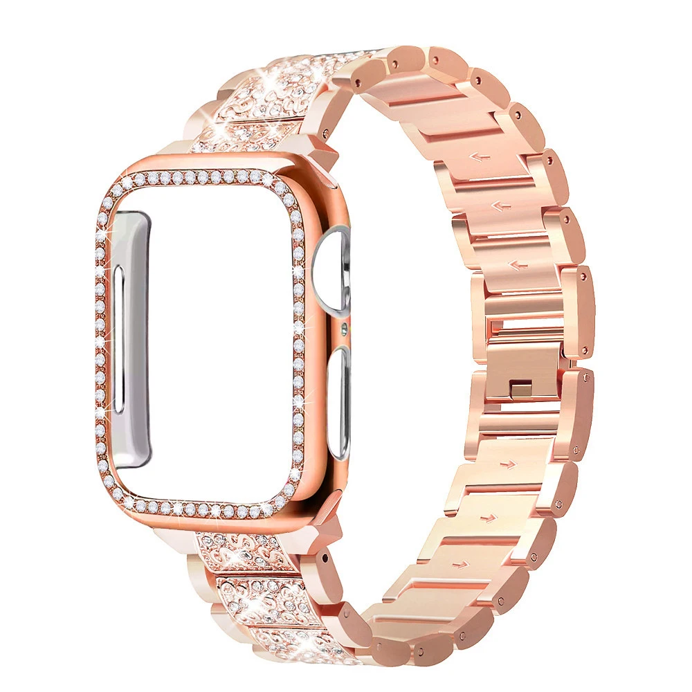 Fashion Luxury Diamond Watch Band For Apple Watch 45/41/44/42 Women Beautiful Stainless Steel Watch Straps With Case For Iwatch