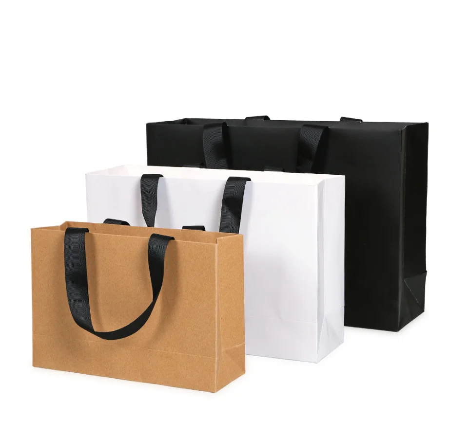 Custom White Black Packaging Clothes Shopping Kraft Paper Bag Reusable Logo Printed for Boutique with Grosgrain Ribbon Handle