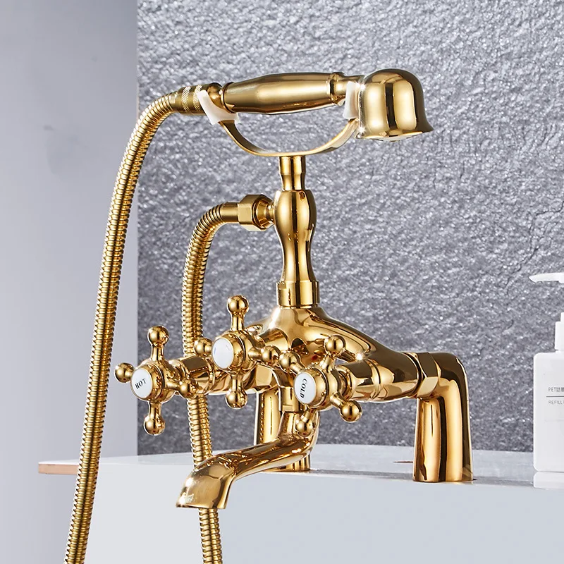 Classical Free Standing Bathtub Faucets Brass Bath Shower Mixers Gold Bathroom Faucet Floor Mounted Dual Handle Taps