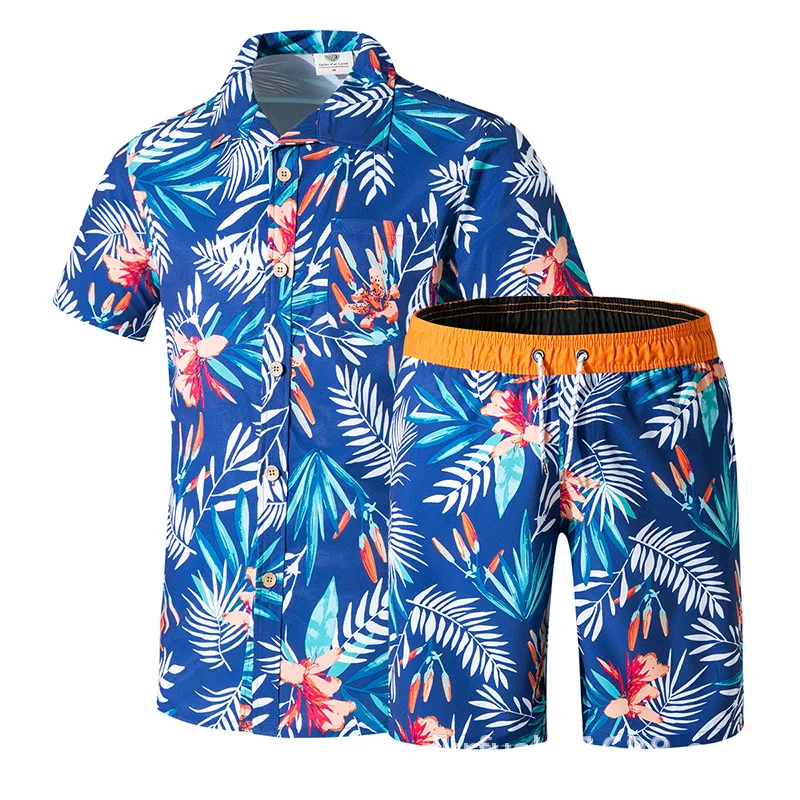 Wholesale sublimation summer casual two piece sets short sleeve button beach shirt and board shorts mens Hawaiian beach shirts