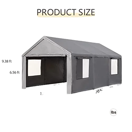 NOWENSOL Heavy Duty 12x20ft Portable Car Port Garage Steel Metal Frame Canopy with Removable Sidewalls Doors Outdoor Garden Use