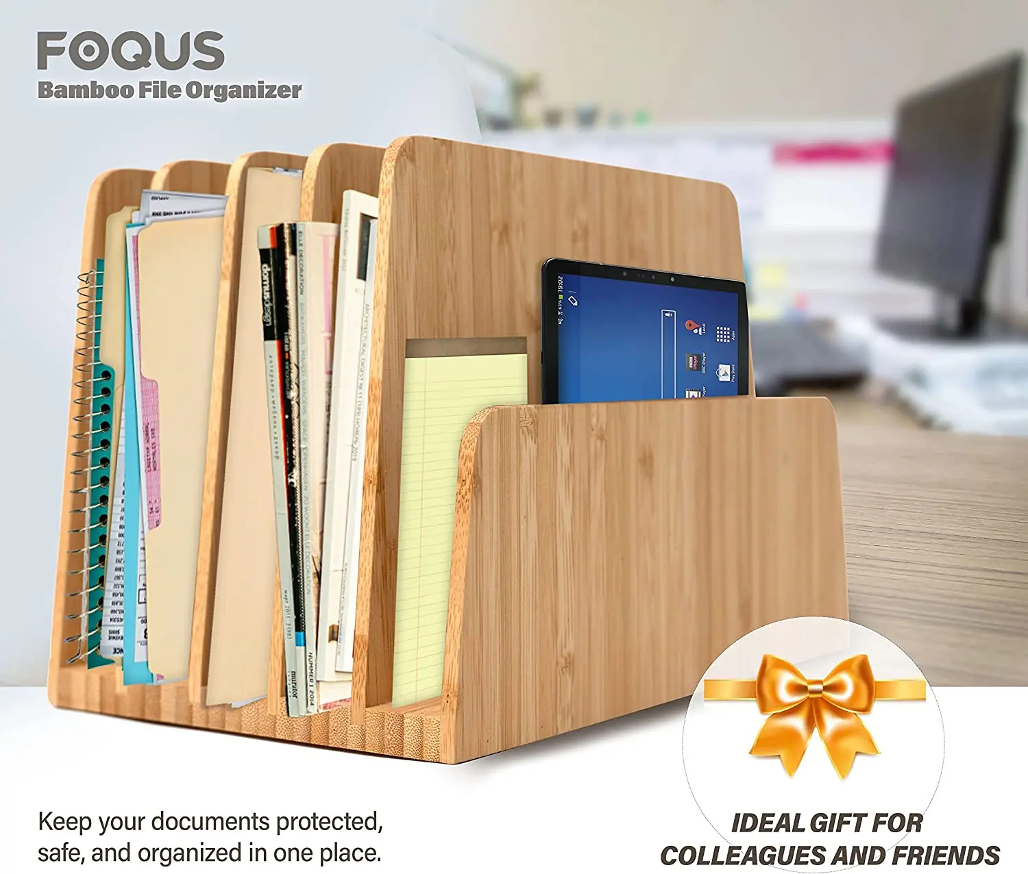 Bamboo Desktop Organizer File Forder 5 Slot Desk Organizer Holder Tray For Office Papers Documents