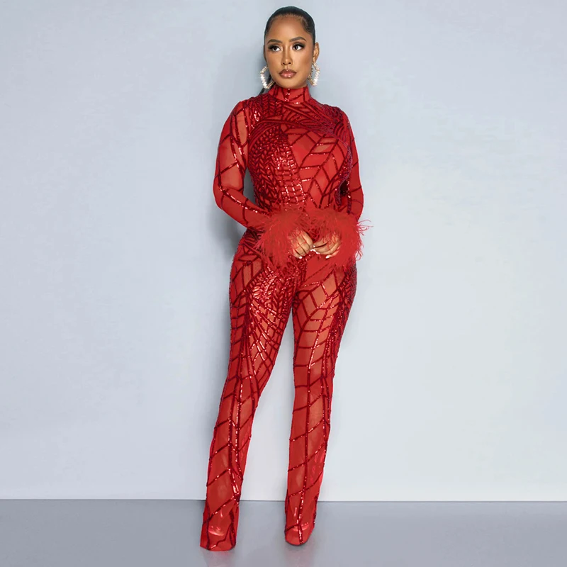 CY900992 Spider Araneose Pattern Jumpsuit Mesh See Through Long Sleeve Night Club Skinny One Piece Jumpsuits