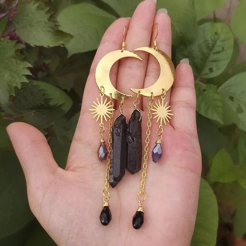 Fashion Hot Sun Moon Black Quartz Pendant Earrings High Quality Gold Moon Bohemia and Hippie Witch Gypsy Earrings