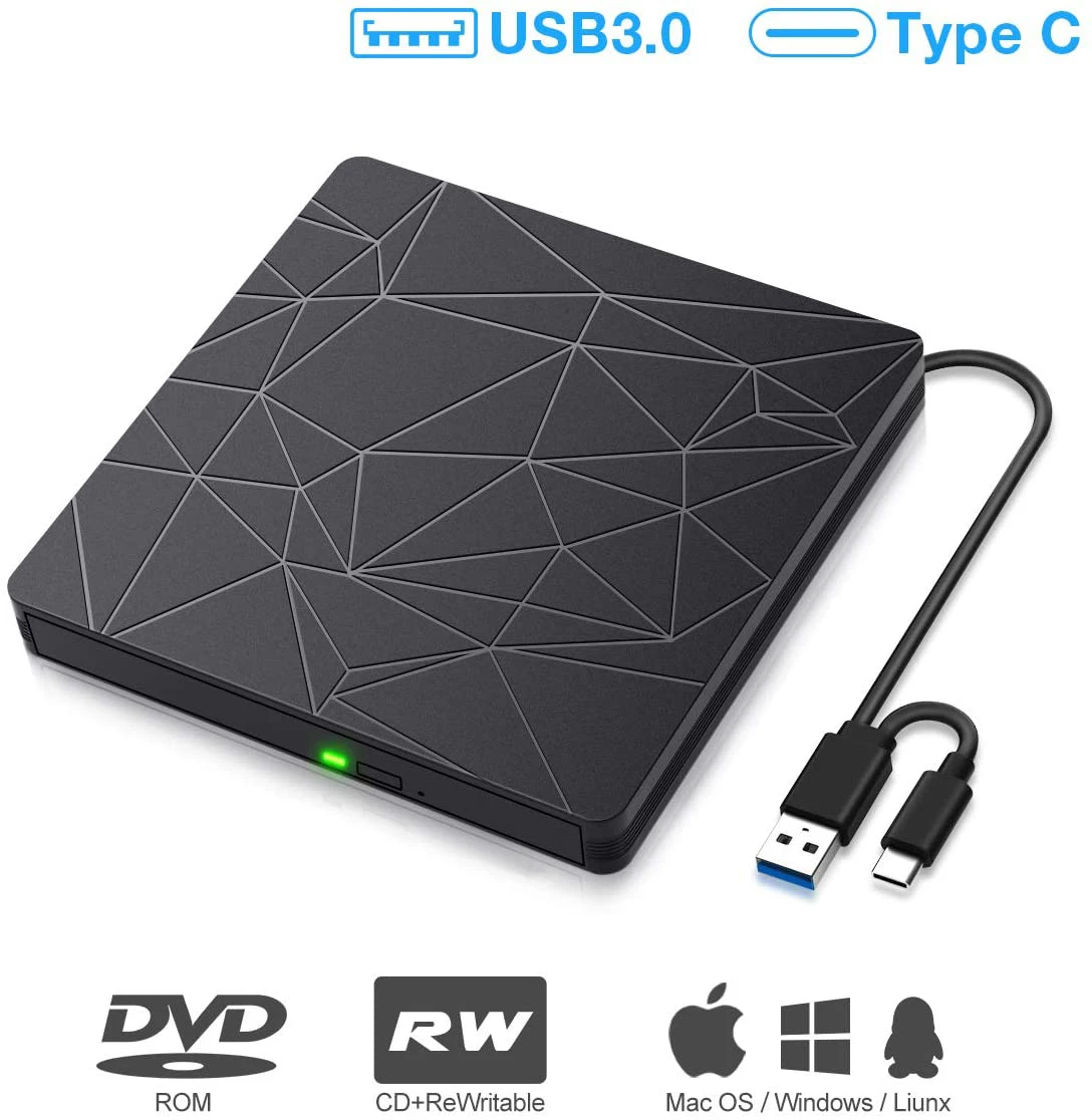 External CD/DVD Drive for Laptop USB-C & USB 3.0 CD/DVD ROM Drive Reader Writer Burner Compatible with Laptop PC MacBook Mac