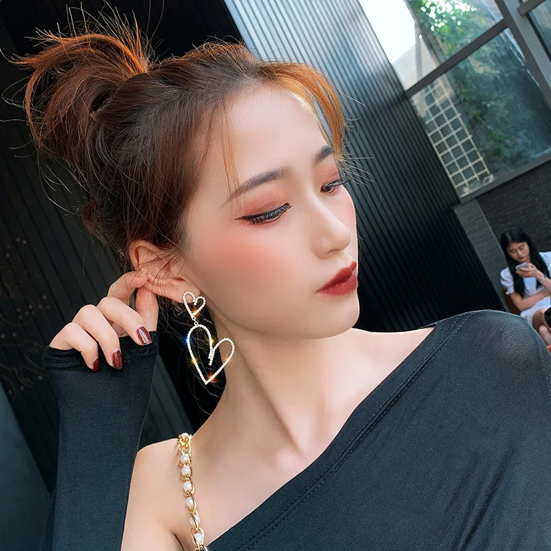 Big Rhinestone Heart Dangle Earrings Korean Style Full Rhinestone Crystal Bling Bling Earrings for girl