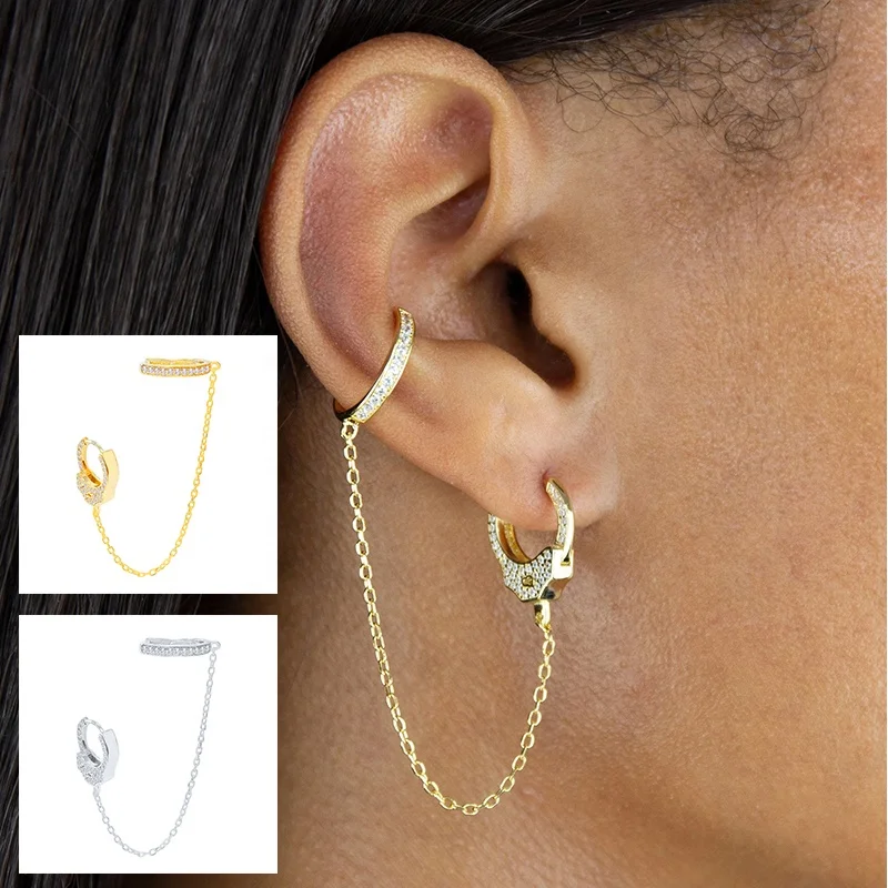 KSRA 925 Sterling Silver Jewelry Clear Stone Handcuffs Hoop Huggie Chain Tassel Earrings For Women