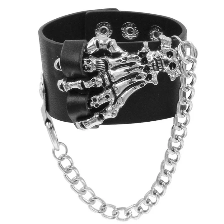 Mens Punk Skull Bracelet PU Leather Wide Bangle Chain Rivet Personality Exaggeration Wristband Bracelet  Jewelry