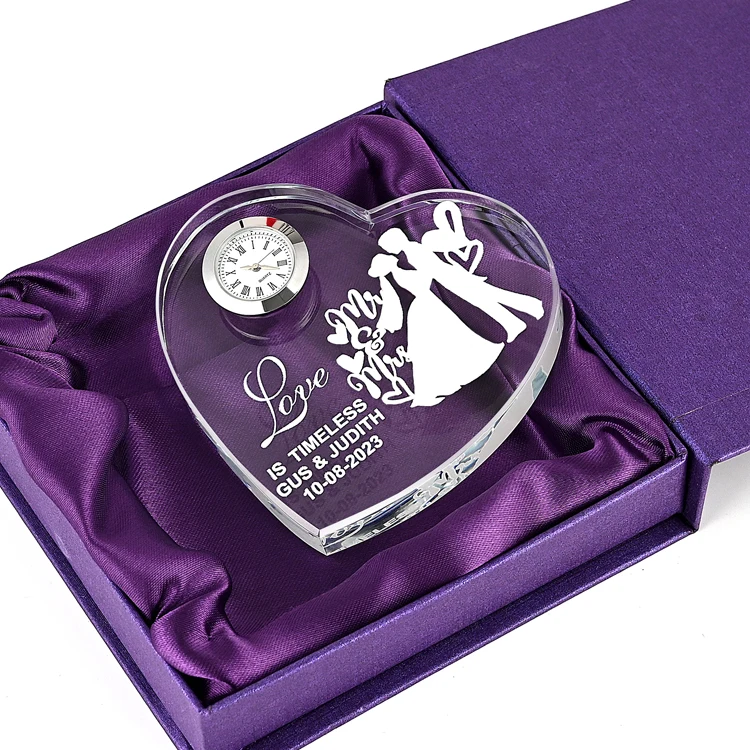 Fashion custom home decoration  heart shape wedding souvenir K9 crystal clock  3d Laser Engraving Crystal cubes