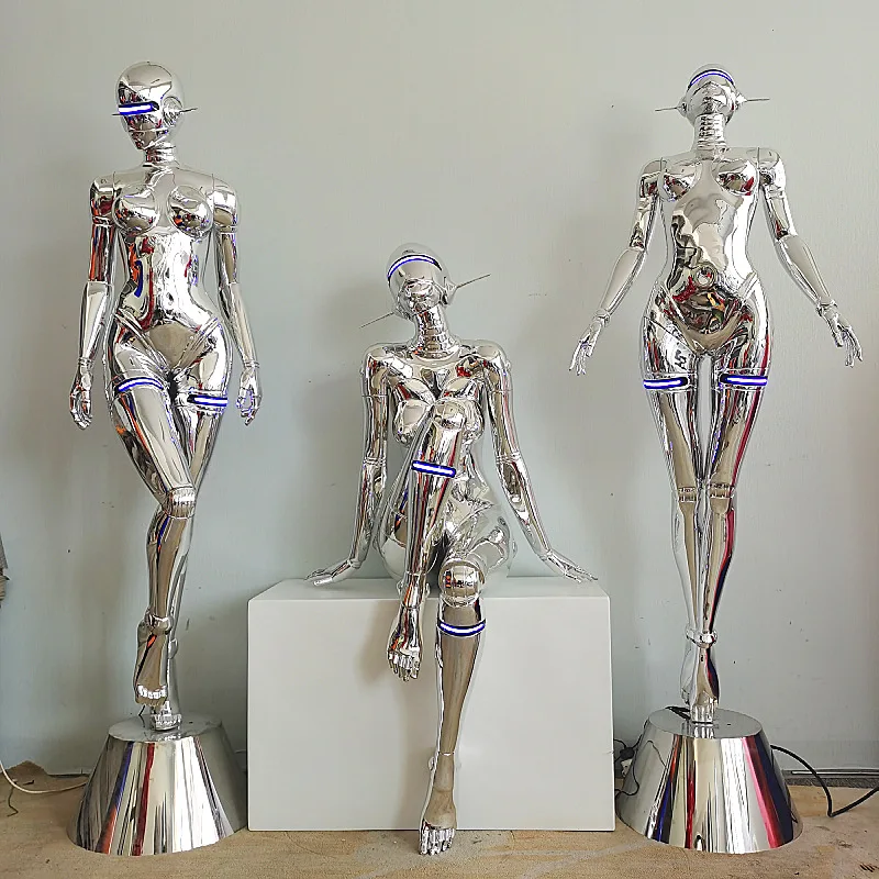 2023 New Design Women Mannequin Decor Shop Ornaments Polished Metallic Surface Sexy Robot Punk Goddess Sculpture Floor Lamp