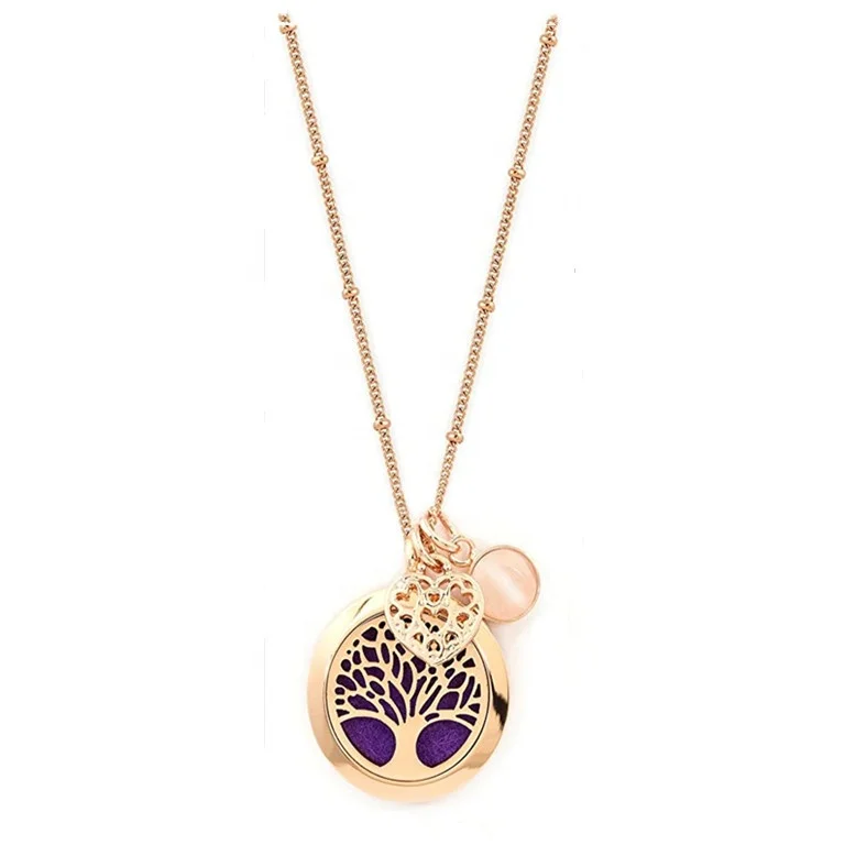 Rose Gold Tree of Life Essential Oil Diffuser Necklace Aromatherapy Jewelry Hypoallergenic 316L Surgical Grade Stainless Steel