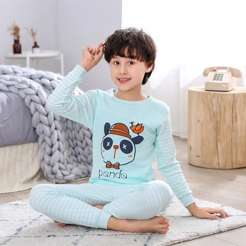 Cartoon printed cotton boys girls sleepwear long sleeve kids pajamas set