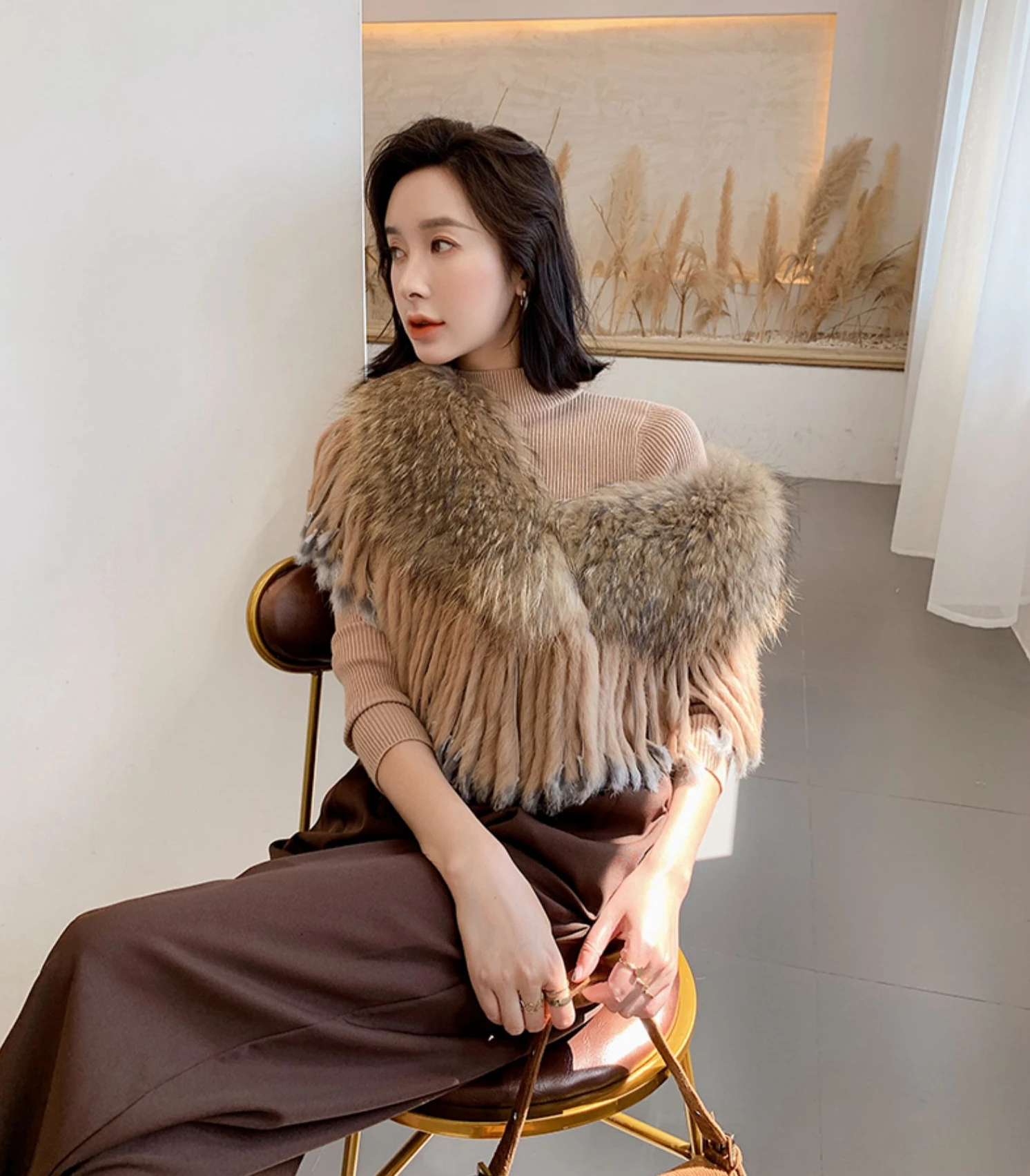YR279 Detachable Fur Collar Fox Fur Shawl With Rabbit Fur Tassel