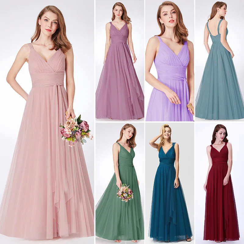 Vestido 2020 New mesh V-neck wine red suspender evening dress blue bridesmaid dress