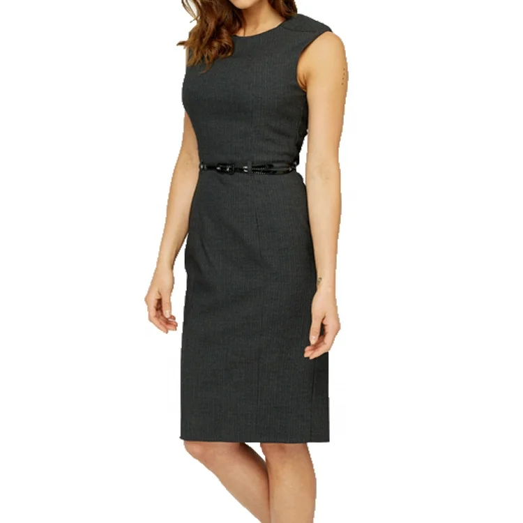 Elegant ladies knee length black belted slim pencil office formal wear dress to work