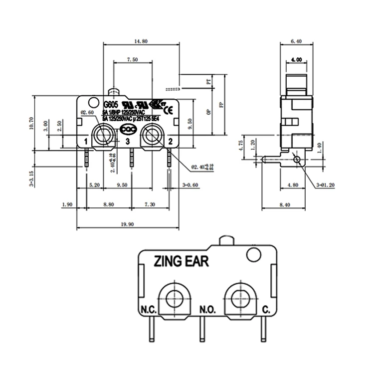 KW10 Momentary Limit Switch 5A T125 118HP Bent PCB Terminals Micro Switch