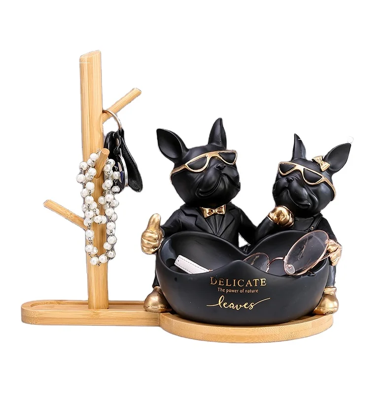 NEW RESIN AMINATED FRENCH BULLDOG COUPLE HOUSE TABLETOP DECORATIVE STATUE CANDY BOX WITH BAMBOO BRACKET HOOK HANGER HOLIDAY GIFT