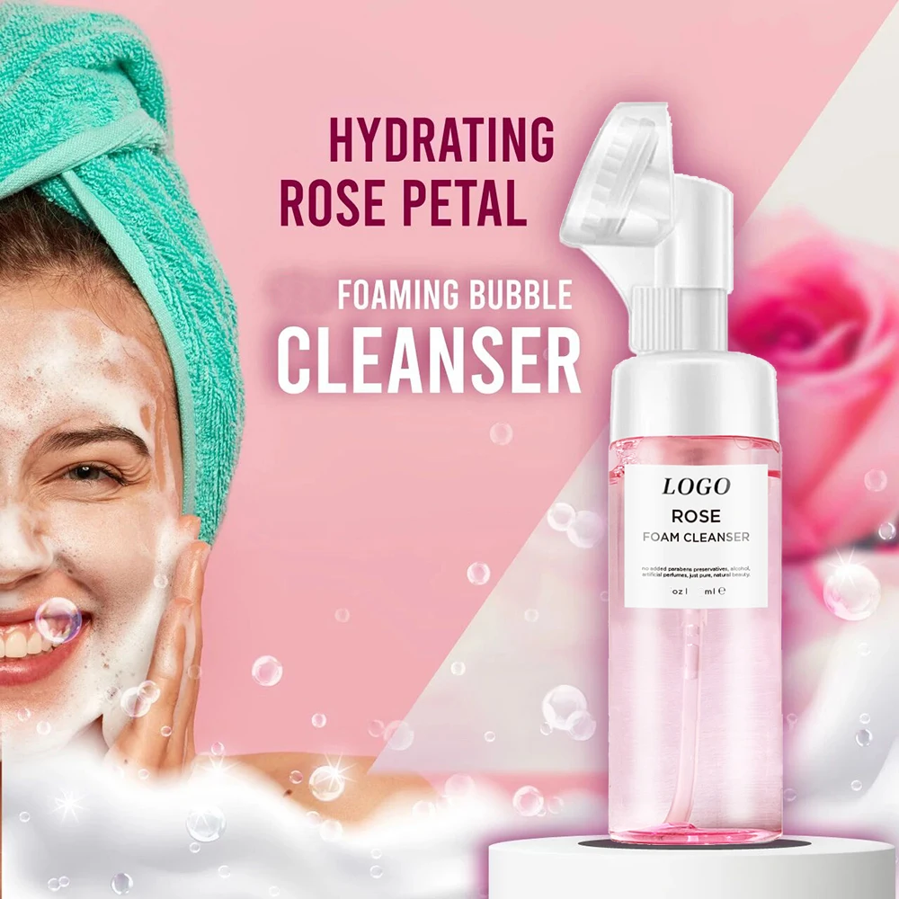 BLIW Private Label Vegan Amino Acid Cleansing Mousse Remove Makeup Moisturizing Face Wash Rose Brush Foaming Facial Cleanser