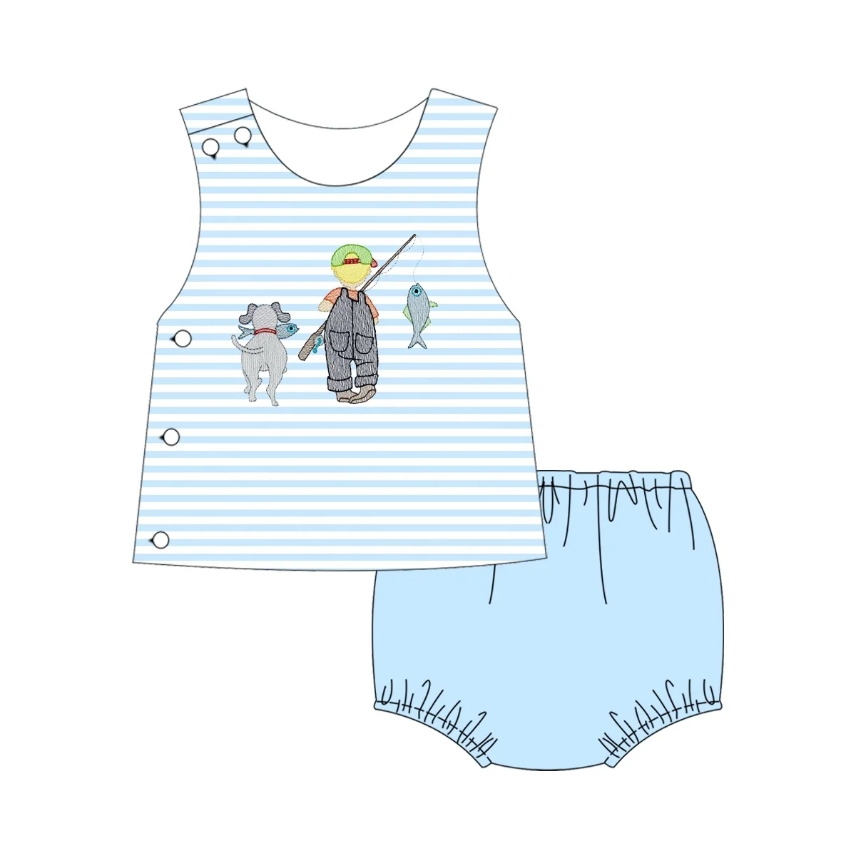 Puresun newest fishing embroidery baby girl clothes knit striped fashion sleeveless wholesale baby clothing summer sets