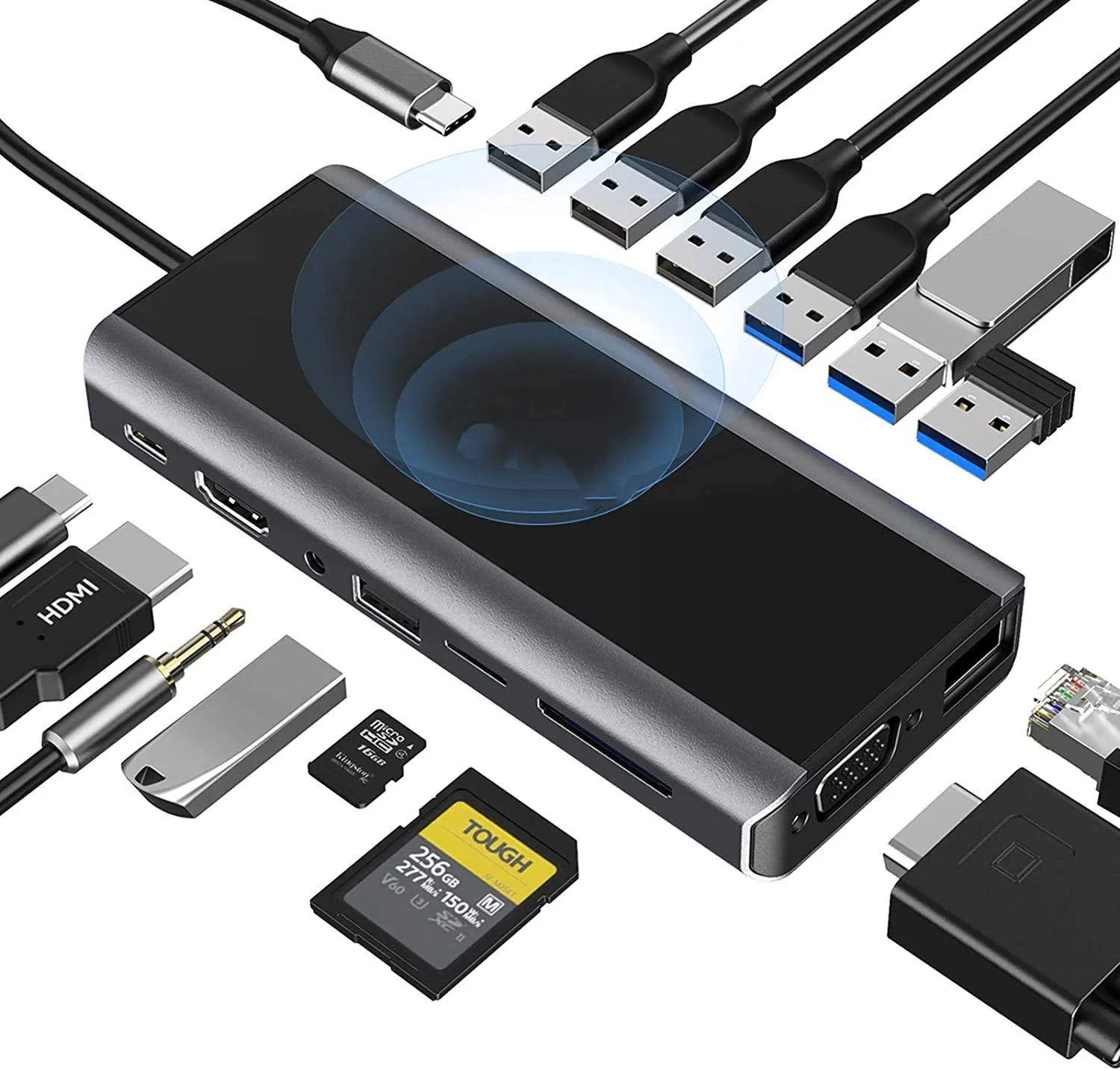 usb c hub 15 in 1 3 Ports Usb3.0 Into 14 Ports With 3.0 VGA 4k Sd/Tf Card Reader dock adapter charger laptop 14 in 1 usb c hub