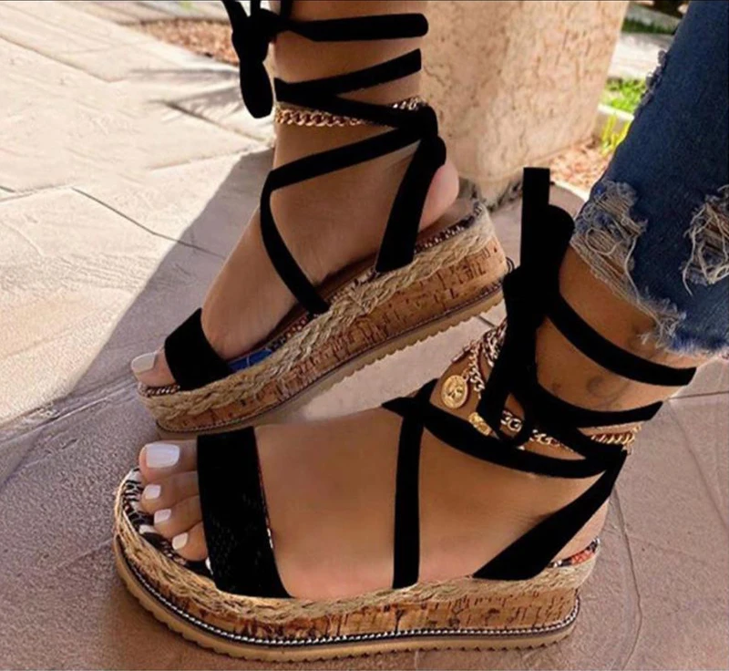 Women Sandals  Summer Snake Wedge Shoes Ethnic Print Fashion Casual Lace Up Women Shoes Beach Ladies Plus Size Shoes Sandals